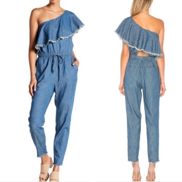 Blank NYC Making Waves Cotton Jumpsuit XS Frayed One Shoulder Back Cutout Pants - Picture 1 of 16